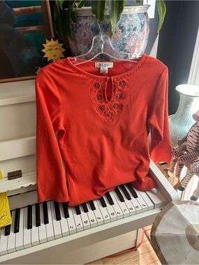 Graffiti Orange Beaded Embroidered Top Small Y2K Boho 3/4 Sleeve Keyhole